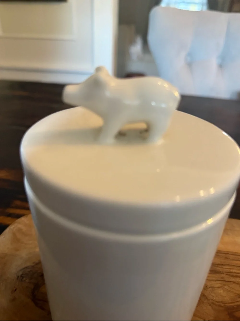 West Elm Glossy White Ceramic Canister with Pig Finial